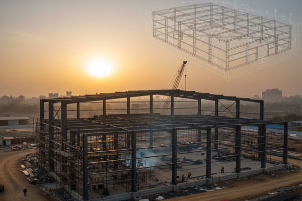 Construction site with steel structure and structural drawings overlay, industrial project in India, professional photography, no text