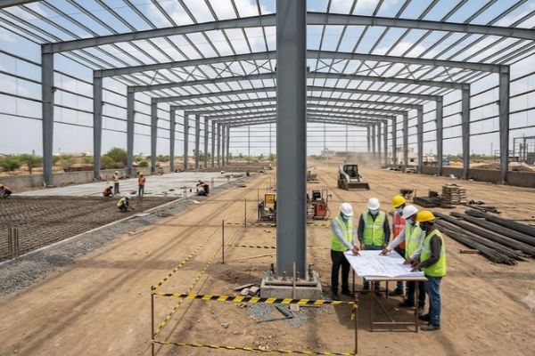 PEB steel frame erection and factory concrete flooring work at an industrial site